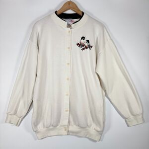 Vintage Morning Sun Button Up Sweatshirt Womens Large Ivory Embroidered Birds